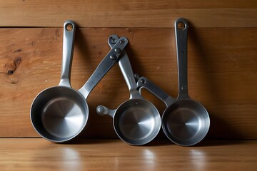 Set of measuring cups and measuring spoon with a handle made from stainless on wooden tabletop in eye level shot.
