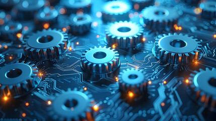 Intricate Mechanical Interconnections in a Digital Landscape Blue Polygonal Circuit Board with Interlocked Gear Wheels