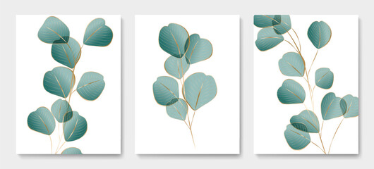Abstract luxury art background with eucalyptus leaves with golden elements in line art style. Botanical set for decoration, print, wallpaper, textile, interior design, poster. © VectorART