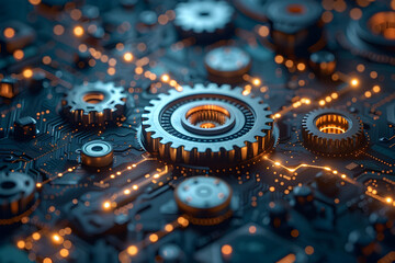 Mechanical Circuit Board with Overlaid Gear Wheels on Futuristic Abstract Polygonal Patterns