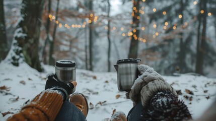 A peaceful moment in a snowy forest with two people sitting on a bench and sharing a thermos of hot herbal tea.