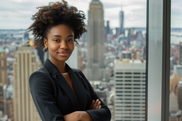 Afro businesswoman wearing black suit standing in modern office