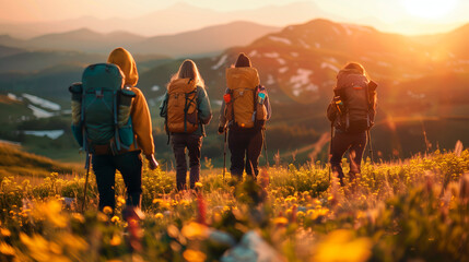Hiking Enthusiasts: Group of Friends Equipped with Backpacks, Gathering Amidst Vibrant Wildflowers and Rolling Meadows for an Evening Trek - obrazy, fototapety, plakaty