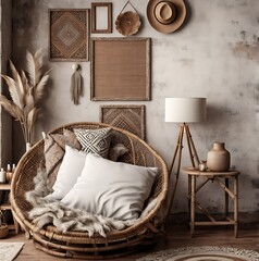  Mockup frame in nomadic boho interior background with rustic decor, 3d render 