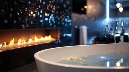 Fototapeta premium A contemporary bathroom featuring a bioethanol fireplace built into the wall adding an unexpected and luxurious touch to the room. 2d flat cartoon.