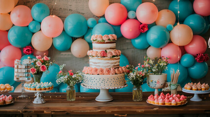 Festive Birthday Bash: Vibrant Wall Decorations Adorning the Place with a Table Laden with Delectable Cakes, Sweets and balloons 