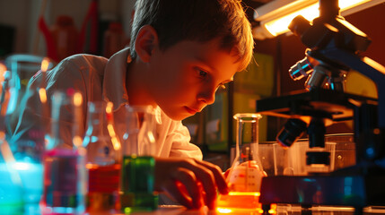 Curious Child Exploring Science with Colorful Laboratory Experiments
