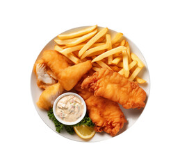 fried fish fillets with French fries and ketchup on a round white plate, isolated on a transparent background, top view. Generative AI