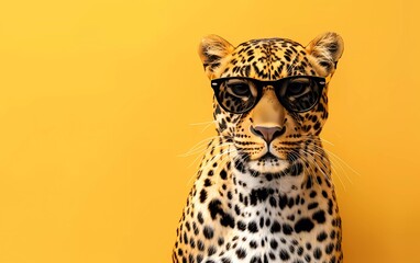 Creative animal concept. Leopard with sunglasses isolated on pastel yellow background.
