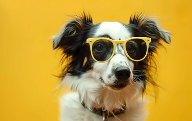 Creative animal concept. Dog with sunglasses isolated on pastel yellow background. 