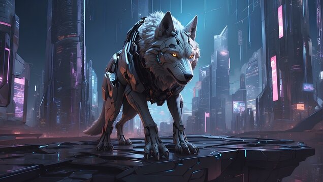 Majestic wolf strolling through a city at night, creating a captivating scene. Perfect for wolf wallpaper.