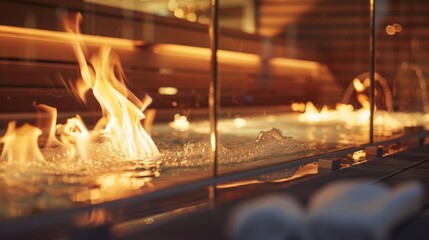 Fototapeta premium As the flames dance behind the glass enclosure the fireplace in the spas sauna adds a touch of luxury to the detoxifying experience. 2d flat cartoon.
