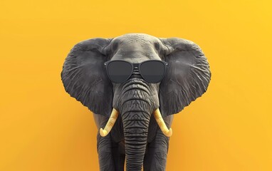 Creative animal concept. Elephant with sunglasses isolated on pastel yellow background.