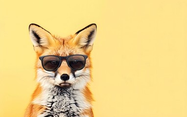 Creative animal concept. Fox with sunglasses isolated on pastel yellow background. 