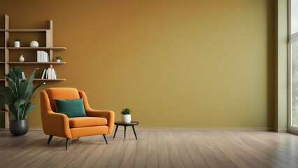  Modern wooden living room with an orange armchair on empty dark green wall background, Minimal room- 3D rendering 