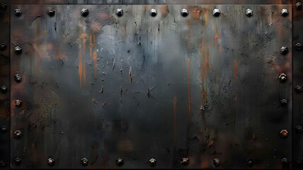 A large, dark, rusted metal plate with a vintage, retro, grungy texture serves as an industrial mechanic decoration surface.