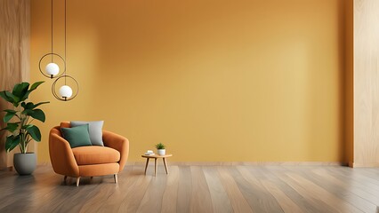 Fototapeta premium Modern wooden living room with an orange armchair on empty dark green wall background, Minimal room- 3D rendering 