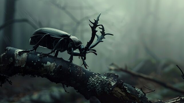 Eerie stag beetle on a moody branch backdrop - A detailed image featuring a stag beetle atop a branch with a haunting and desolate forest background shrouded in mist