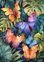 Vibrant butterflies amidst lush greenery - A stunning visual of colorful butterflies fluttering among rich green tropical leaves, capturing the essence of a verdant paradise