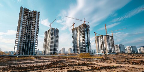 Modern construction site with multiple cranes - An expansive view of a construction site showcasing the progress of towering residential buildings under a blue sky