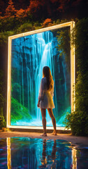 Girl standing in a glass waterfall and looking at herself in a holographic mirror