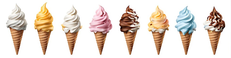 Set of Soft serve Yoghurt Ice cream swirl on waffle cone cutout, Many assorted different flavour Mockup template for artwork design. 