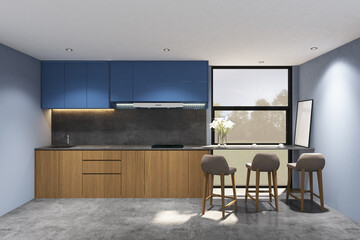 3d rendering illustrationsof interior kitchen wood, blue cabinet side the window with breakfast table, bar chair and frame mock up. Concrete floor and white ceiling. Set 44