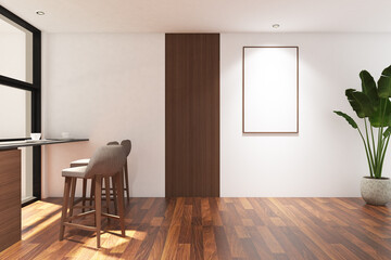 3d rendering illustrationsof interior kitchen wood, white marble cabinet side the window with breakfast table, bar chair and frame mock up. Wood parquet floor and white ceiling. Set 45