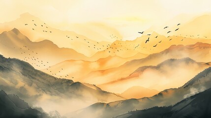 Natural watercolor painting of beautiful mist mountains