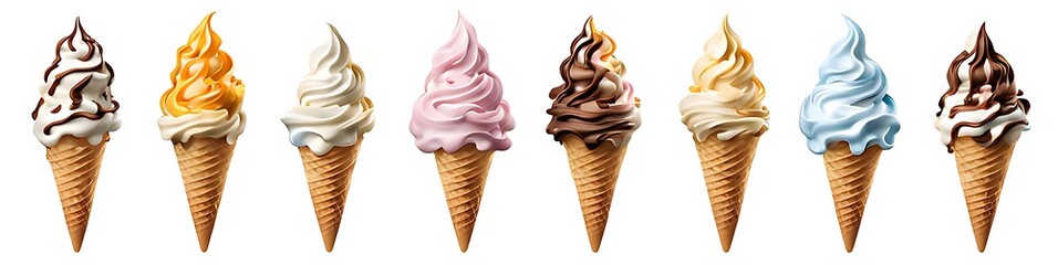 Set of Soft serve Yoghurt Ice cream swirl on waffle cone cutout, Many assorted different flavour Mockup template for artwork design. 