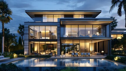 Fototapeta premium A luxurious modern villa mansion in Miami, with a garden and a swimming pool, is surrounded by palm trees, offering a tropical vacation vibe and large windows for a grand view.