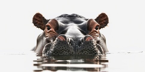 A hippopotamus mostly submerged in water against a white background