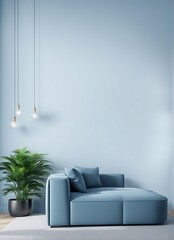  Livingroom or business hall scene light pastel color. Lounge room - blue sky paint and velor. Empty wall blank - navy background and pale tone loveseat. Luxury modern home design interior. 3d render 