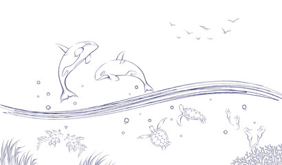 Outlines of  beautiful ocean and marine life.