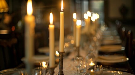 A long narrow dining table is lined with a row of elegant taper candles as the centerpiece creating a dramatic and intimate ambiance. 2d flat cartoon.