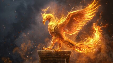 A wise and ancient phoenix its fiery feathers pulsing with energy perched atop a pedestal where an ancient scroll containing forgotten . .