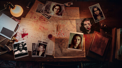 Serial killer's desk with photographs of female victims, a city map, bloodstains, and objects from a crime novel. Criminal investigation for a true crime wallpaper.