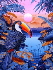 Fototapeta premium Exotic toucan by sunset over riverscape - Detailed illustration of a toucan perched amidst rich forest foliage, with a serene river landscape and sunset