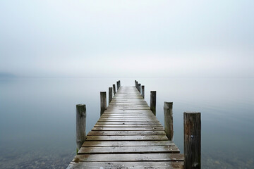 A wooden pier stretching out into the calm waters, a perfect spot for fishing or contemplation.