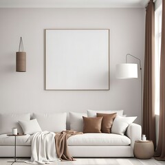  Living room with white empty walls - light mockup for canvas art. Accent brown pillow and curtain details. Scandinavian modern minimal interior design lounge Livingroom home or office. 3d rendering 