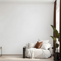  Living room with white empty walls - light mockup for canvas art. Accent brown pillow and curtain details. Scandinavian modern minimal interior design lounge Livingroom home or office. 3d rendering 