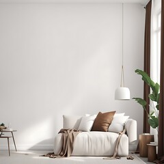  Living room with white empty walls - light mockup for canvas art. Accent brown pillow and curtain details. Scandinavian modern minimal interior design lounge Livingroom home or office. 3d rendering 