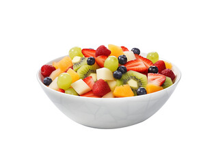 Mixed fruit salad in a white bowl with strawberries, kiwi, oranges, blueberries, and grapes. Generative AI