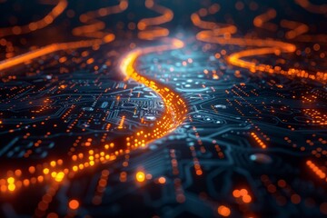 Dynamic electronic circuit board with glowing orange trajectory, concept of data transmission in technology