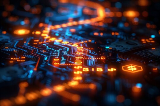 Close-up of vibrant electronic circuit board with glowing dollar sign, concept of finance in technology