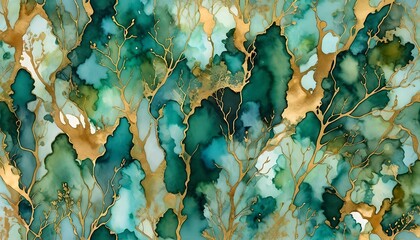 Abstract Green and Gold Alcohol Ink Wallpaper Background
