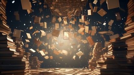 Books suspended in mid-air by the power of imagination alone, defying gravity as they dance in a surreal dreamscape