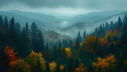 Panorama of autumn spruce forest. Misty hills, spruce trees and colorful deciduous trees. Yellow and green trees in autumn forest