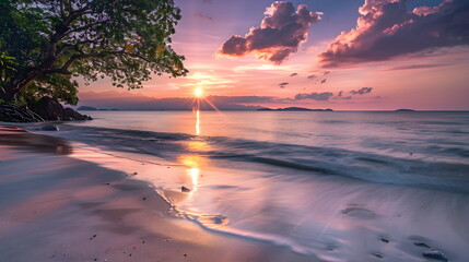 Amazingly colorful sea beach sunset with reflective lavender sand and bright clouds