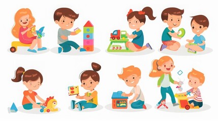 Fototapeta premium Children playing toys set Happy kindergarten kids during indoor room games Leisure childhood activities of little preschool boys and girls Flat vector illustrations isolated on white background